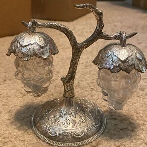 Vintage Silver-Plated Two Glass Grape Clusters Condiment Holder